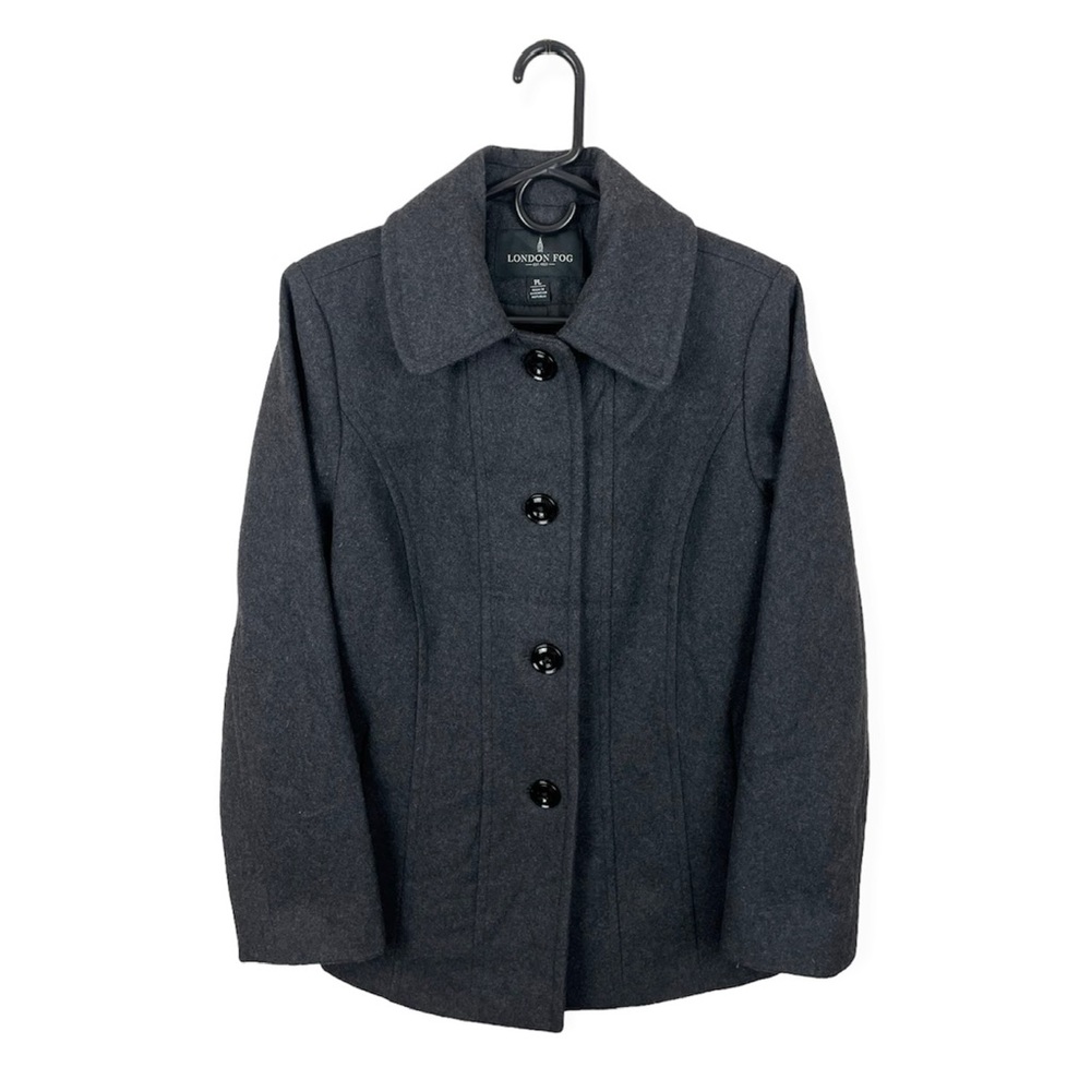 London Fog Women’s Triple Button Pea Coat Wool Exterior Dark Gray Petite Large